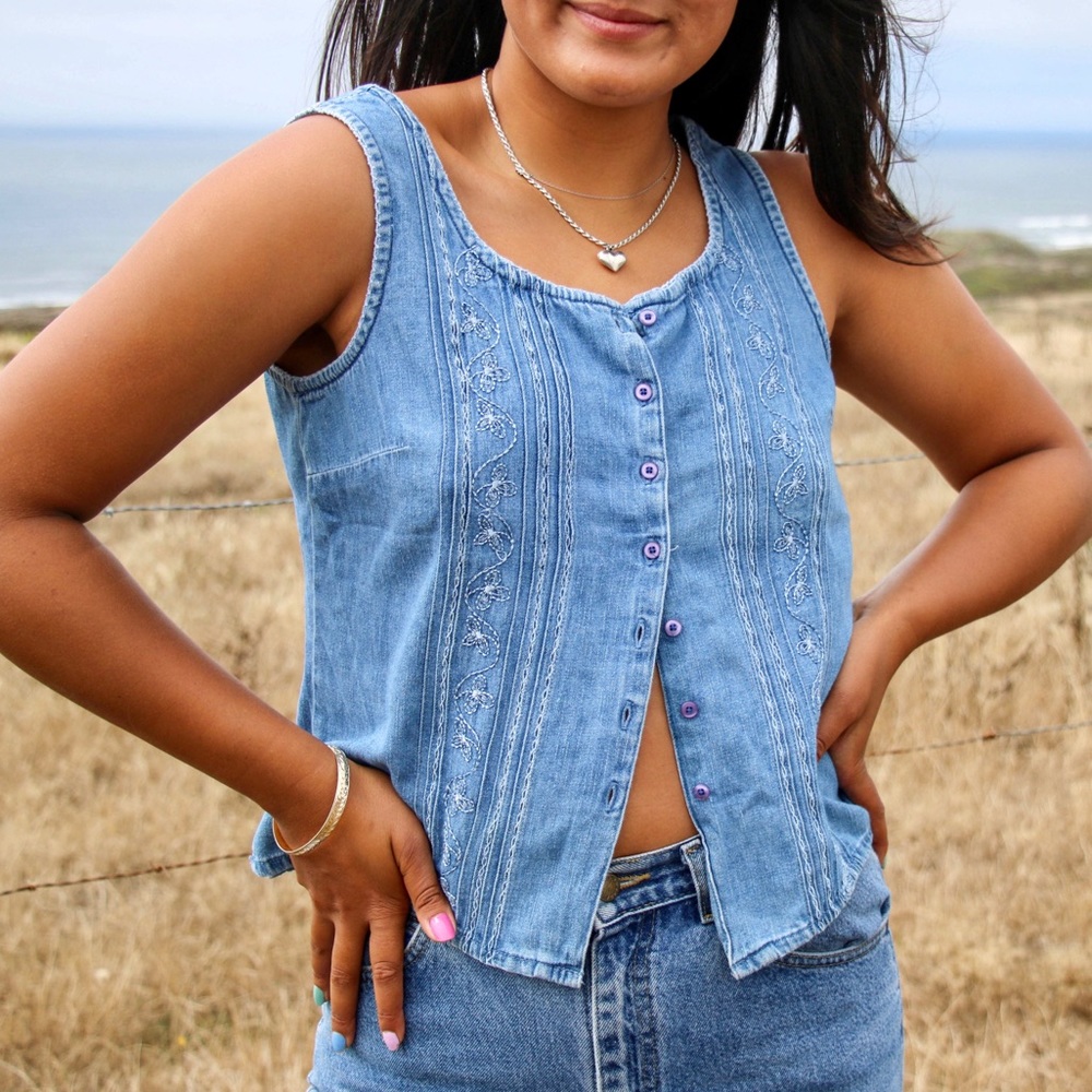 Vintage Embroidered Denim Sleeveless Top